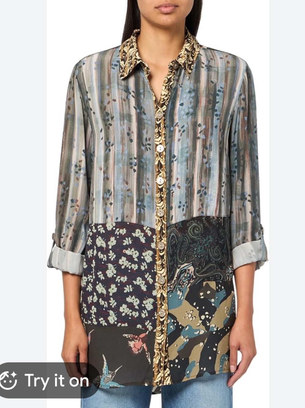 John Mark Mixed Pattern Button-Down Shirt - Blue, Brown, Gold
